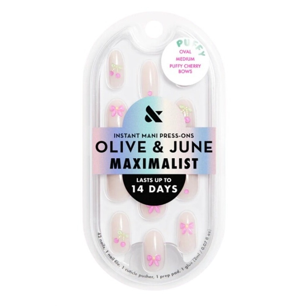 Olive & June Instant Mani Press-On Nails Puffy Cherry Bows Oval Medium 32ct New